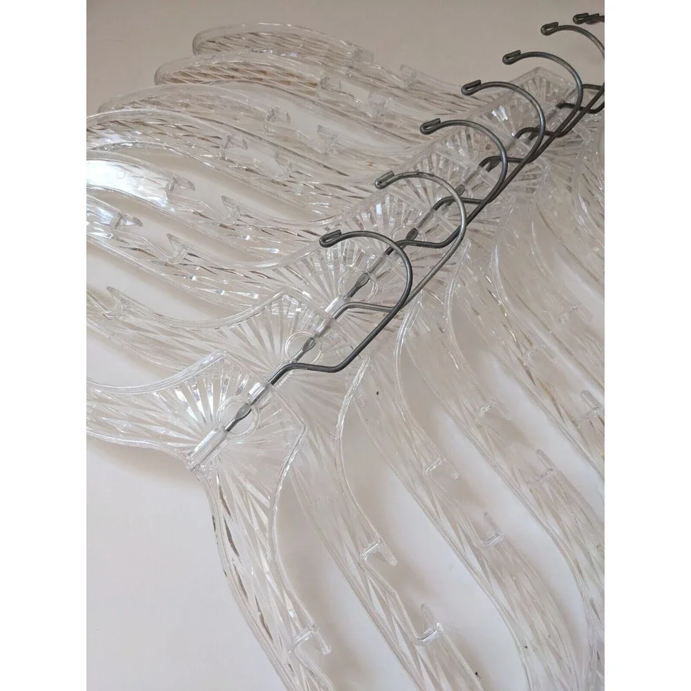 Vintage MCM‎ Clear Plastic Ice Crystal Star Burst Prism Clothes Hangers Set of 8
